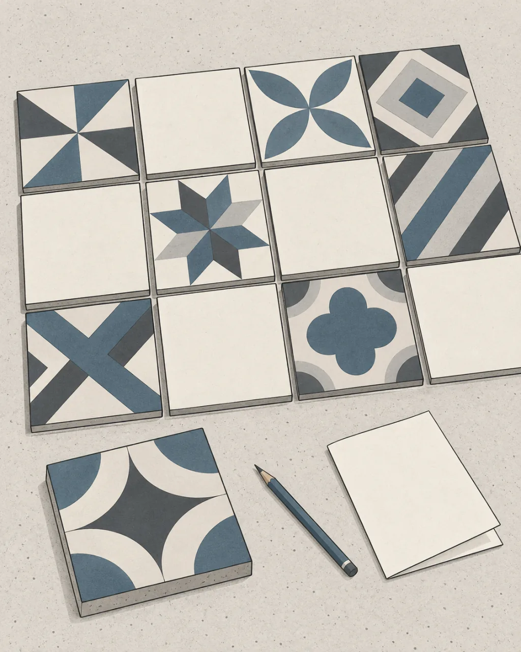 Illustration de douze carreaux de ciment disposés en trois rangées sur une chape, motifs géométriques bleus et anthracite alternant avec des carreaux unis, un treizième carreau à l’écart près d’un crayon et d’une feuille pliée vierge