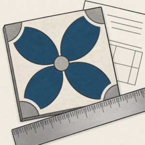 Emblème de la rédaction de Cimentine : un carreau de ciment à fleur bleue, une fiche quadrillée et une règle graduée